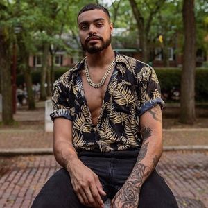 Floral black and gold yellow short sleeve shirt